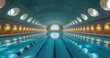 ai generiert das Schwimmen Schwimmbad. ein Wassersport Einrichtung und ihr Neu Gebäude foto