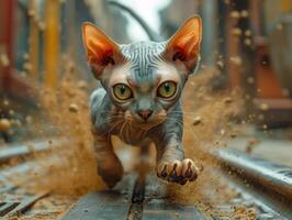 ai generiert Sphynx Katze Laufen auf das Eisenbahn foto