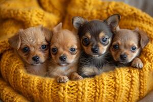 ai generiert vier süß Chihuahua Welpen im gestrickt Korb foto