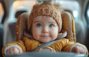 ai generiert süß wenig schön Baby Mädchen Sitzung im das Auto Sitz und warten zum Mama foto