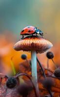 ai generiert Marienkäfer auf Pilz im das Herbst Wald foto