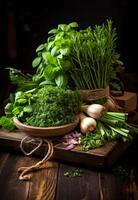 ai generiert frisch Grün Kräuter und Gemüse auf hölzern Tabelle foto