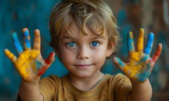 ai generiert wenig Junge zeigt an seine Palmen mit Farbe auf ihnen. foto