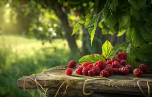 ai generiert reif Himbeeren und Grün Blätter auf hölzern Tabelle im das Garten foto