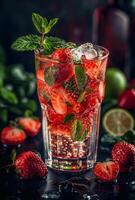 ai generiert Erdbeere Mojito Cocktail mit frisch Erdbeeren Limette und Minze foto