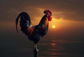 ai generiert Hahn krähen auf Pole beim Sonnenuntergang foto