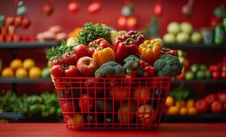 ai generiert frisch Gemüse im Einkaufen Korb im Supermarkt foto