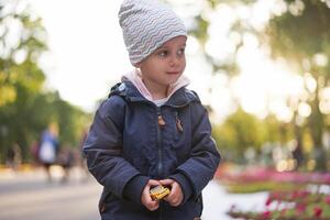 wenig Mädchen tragen Hut warm Herbst Jacke Spaziergänge durch Herbst Park halten Spielzeug Auto foto