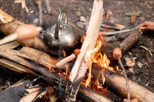 Teekanne Wurst gegrillt Lagerfeuer auf Natur Picknick Lagerfeuer vorbereiten Essen foto