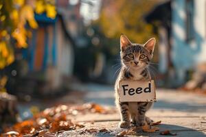 ai generiert streunend Katze mit ein Futter Zeichen auf das Straße. Konzept von streunend Pflege, Tier Wohlfahrt, Straße Katzen, Haustier Hunger, Fütterung Tiere und Barmherzigkeit foto