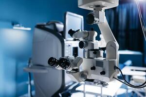 ophthalmisch Laser- System im Auge Chirurgie Klinik. Laser- Behandlung zum Kurzsichtigkeit. das Augenheilkunde medizinisch Ausrüstung. Augen Untersuchung. modern Gerät. Laser- Auge Vision Korrektur foto