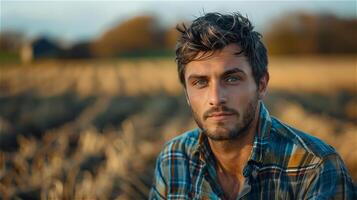 ai generiert gut aussehend jung Mann Farmer mit Bauernhof Hintergrund foto