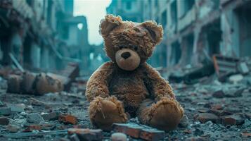 ai generiert verworfen Teddy Bär gegen das Hintergrund von ein zerstört Stadt foto