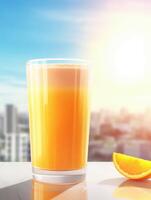 ai generiert Glas von Orange Saft auf Sommer- Hintergrund foto