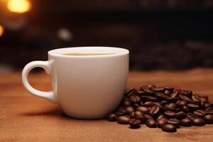 ai generiert Tasse von Kaffee mit Bohnen auf hölzern Tabelle foto