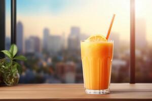 ai generiert Glas von Orange Saft auf Sommer- Hintergrund foto