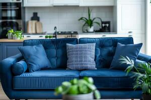 ai generiert dunkel Blau Sofa im ein skandinavisch Stil Studio Küche foto