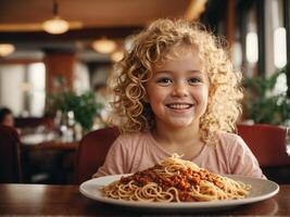 ai generiert ein jung Mädchen mit lockig Haar ist lächelnd während halten ein Teller von Spaghetti foto
