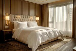 ai generiert Design von ein modern teuer Hotel Zimmer im Licht Farben mit Weiß Bettwäsche, Gold Armaturen und Lampen foto