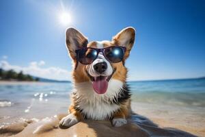 ai generiert Corgi Hund mit Brille ruhen auf das Strand foto