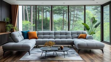 ai generiert grau Sofa und Türkis Sessel Innere Design von ein modern Leben Zimmer im ein Land Haus mit Panorama- Fenster foto