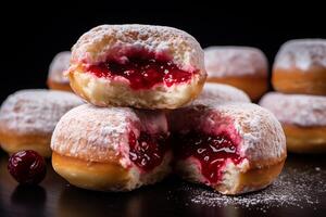 ai generiert Gelee Donuts Sufganiyot traditionell jüdisch Gericht, Nahansicht foto