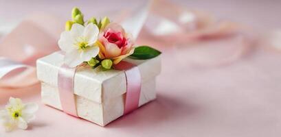 ai generiert Karton Geschenk Box dekoriert mit Band und Blumen. romantisch Geschenk zum Liebe Datum. Design zum Hochzeit Einladung und drucken Karte. foto