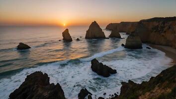 ai generiert golden Horizont ein majestätisch Sonnenuntergang Über felsig Strand foto