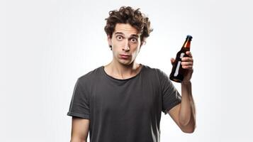 ai generiert überrascht Mann mit ein Bier Flasche gegen ein Weiß Hintergrund. Konzept von unerwartet Party, spontan Feier, und humorvoll Freizeit Zeit. Weiß Hintergrund. Kopieren Raum foto