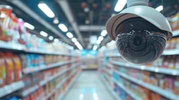 ai generiert ein Kuppel Überwachung Kamera beobachtet ein Supermarkt Gang gefüttert mit Produkte foto