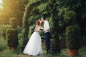 gut aussehend Bräutigam hält das Braut Hand in der Nähe von Grün Blume Torbogen foto