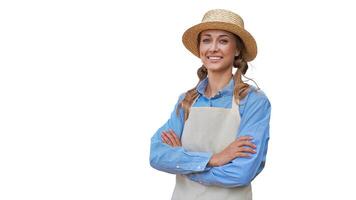 Frau gekleidet Schürze Weiß Hintergrund kaukasisch Mitte Alter weiblich Geschäft Inhaber im Uniform foto