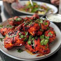 ai generiert Tandoori Hähnchen beschwingt rot foto