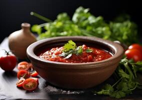 ai generiert köstlich Mexikaner Salsa Soße im ein Mexikaner Schüssel mit Gemüse und Grüns. traditionell Essen, Latein amerikanisch, Mexikaner Küche. Nahaufnahme, Hintergrund mit Bokeh Wirkung. foto