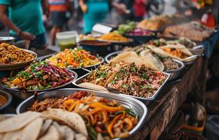 ein Tablett mit Mexikaner Straße Essen auf Mexiko Straße. National Küche, Nahaufnahme, Bokeh im das Hintergrund. foto