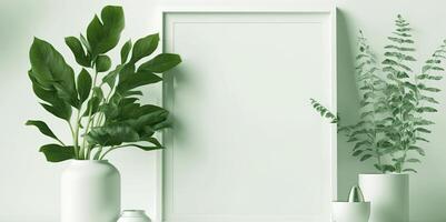 ai generiert spotten oben Weiß Rahmen und Grün Pflanze auf Schreibtisch, Weiß Farben. foto