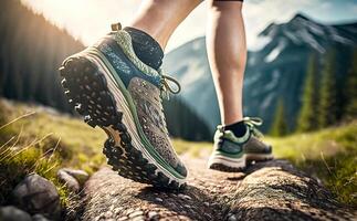 ai generiert Laufen Sneaker Schuh Sohle, einzig, alleinig auf schwer felsig Terrain auf Berg Pfad während Ultra Weg Marathon- Wettrennen, sportlich Mann, trainiert Beine während trainieren draußen. foto