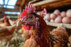 ai generiert Eier legen Hühner beim Deutsche bio Bauernhof. foto