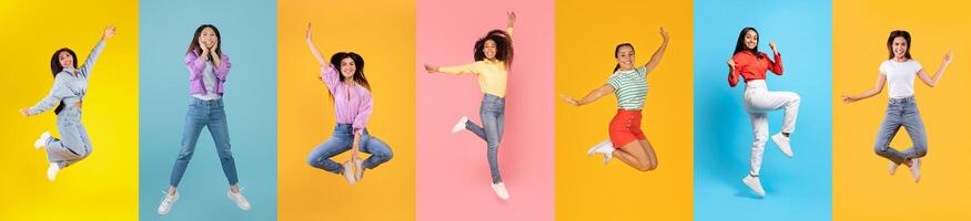 Momente von Freude. vielfältig glücklich Frauen Springen auf bunt Hintergründe im Studio foto