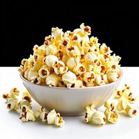 ai generiert Papier Tasse frisch Popcorn auf Weiß Hintergrund foto