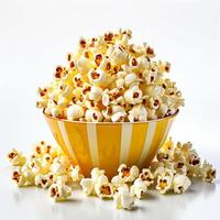 ai generiert Papier Tasse frisch Popcorn auf Weiß Hintergrund foto