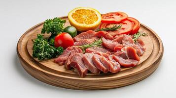 ai generiert hölzern Teller zum Fleisch und Gemüse auf Weiß Hintergrund foto