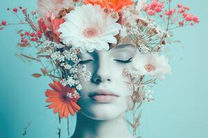 ai generiert abstrakt zeitgenössisch Kunst Collage Porträt von jung Frau mit Blumen auf Gesicht versteckt sich ihr Augen foto