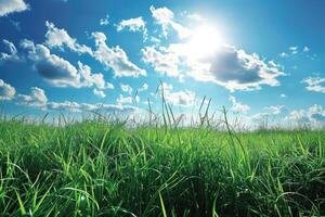 ai generiert Grün Gras Feld mit Blau Himmel und Weiß Wolken. foto