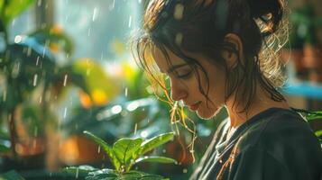 ai generiert Frau schätzt das beruhigend Regen inmitten beschwingt Pflanzen, ein Moment von Verbindung mit der Natur erfrischend berühren foto