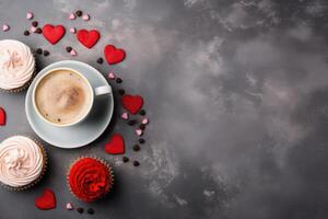 ai generiert Valentinsgrüße Tag Karte mit Süss Cupcakes und Kaffee. foto