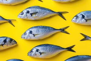 ai generiert kreativ Verpackung Design mit Fisch Muster auf Gelb Hintergrund. foto