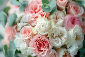 ai generiert schließen oben von Hochzeit Blumen Rosen Pfingstrosen dekorativ Pflanzen. foto