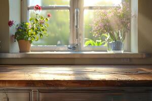 ai generiert hölzern Tabelle auf Küche sinken Fenster Hintergrund foto