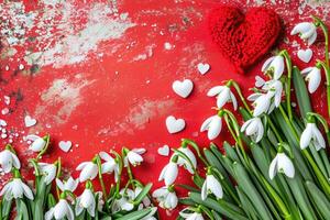 ai generiert März 1 Urlaub Postkarte mit Schneeglöckchen und martisor Symbol. foto